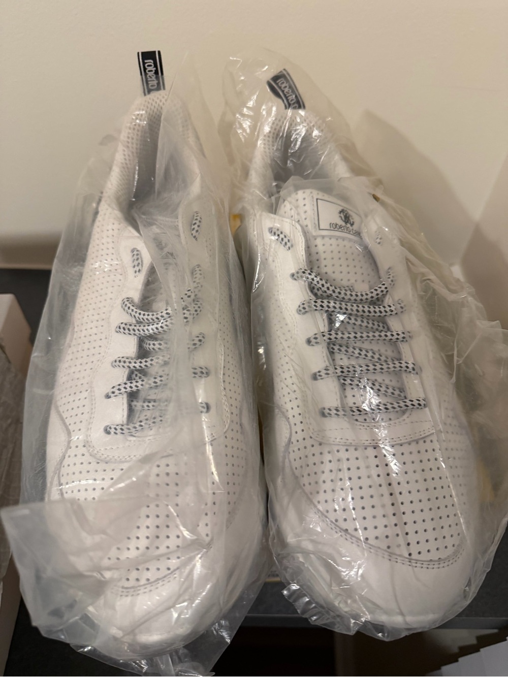 Robert cavalli  White Perforated Leather Sneakers with Gray-Patterned Laces